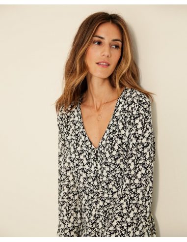 ROBE À FLEURS À MANCHES LONGUES NOIR 34839